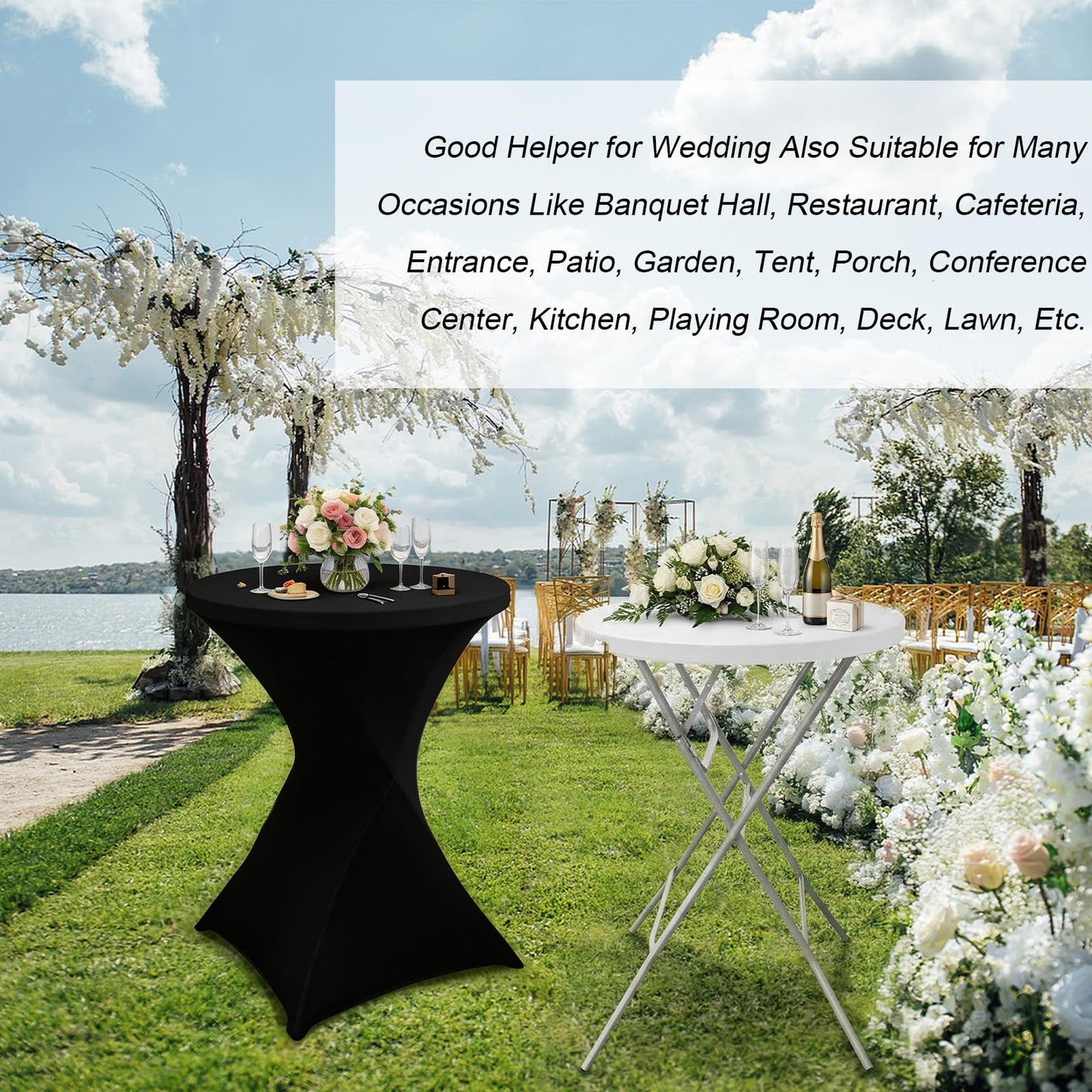 HTVSHEE 2 Set 32" High Top Table Round Folding Cocktail Tables with Removable Legs & 2 Stretch Covers White Tall Bar Table for Wedding Party Patio Events