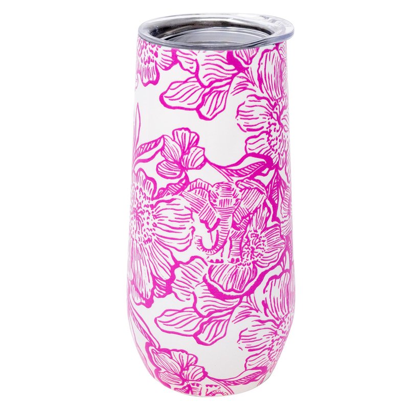Lilly Pulitzer 10 Oz Stemless Champagne Flute, Small Stainless Steel Tumbler with Lid, Double Wall Insulated Metal Cup (Unforgettable Pink)