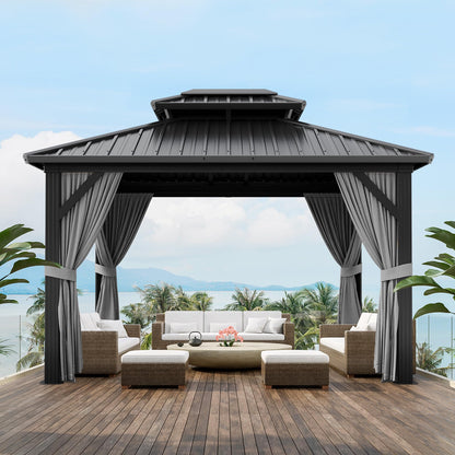 10x12FT Hardtop Gazebo, Heavy-Duty Aluminum Frame Canopy with Galvanized Steel Double Roof, Outdoor Pergola with Mosquito Netting & Waterproof Curtains for Patio, Backyard, Deck & Lawn