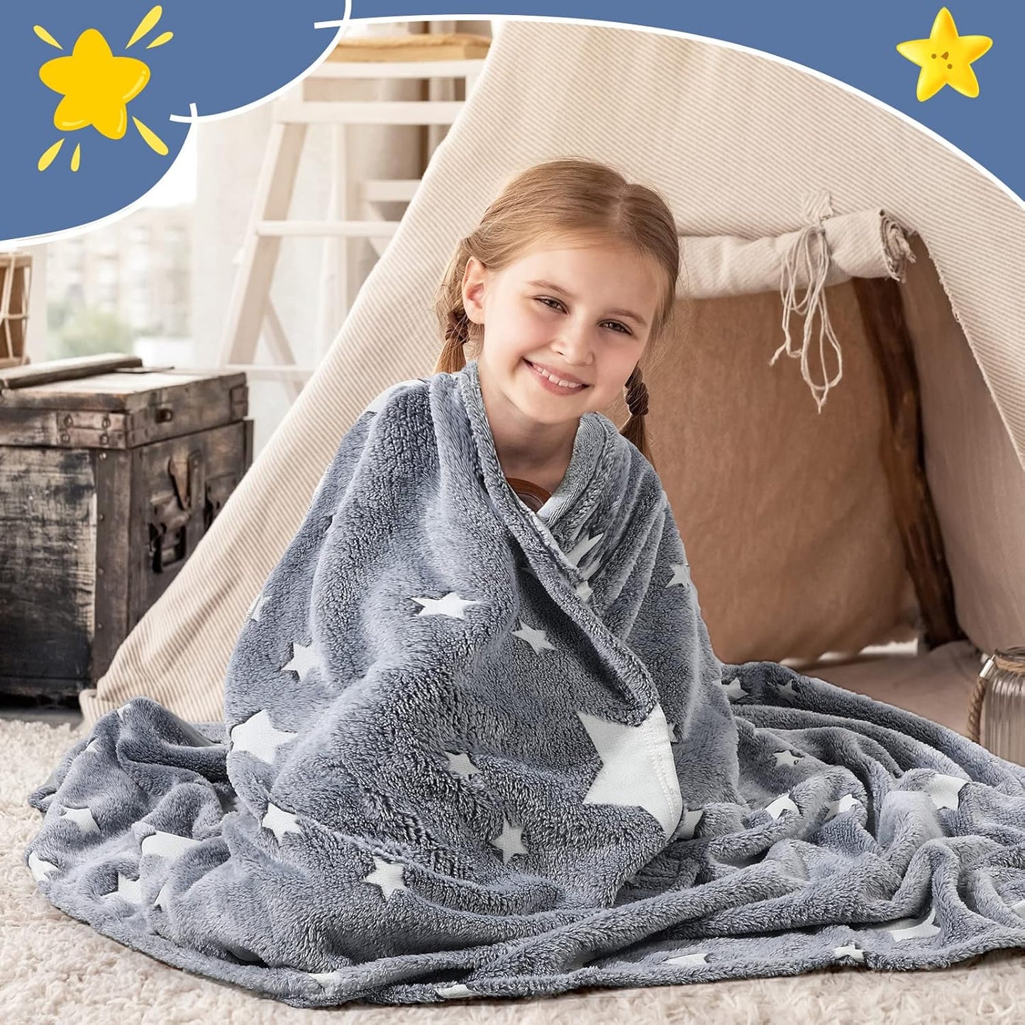 2 47 59 Inch Pcs Glow in the Dark Throw Blanket Christmas Birthday Gifts for Kids, Flannel Fleece Soft Warm Kid Throw