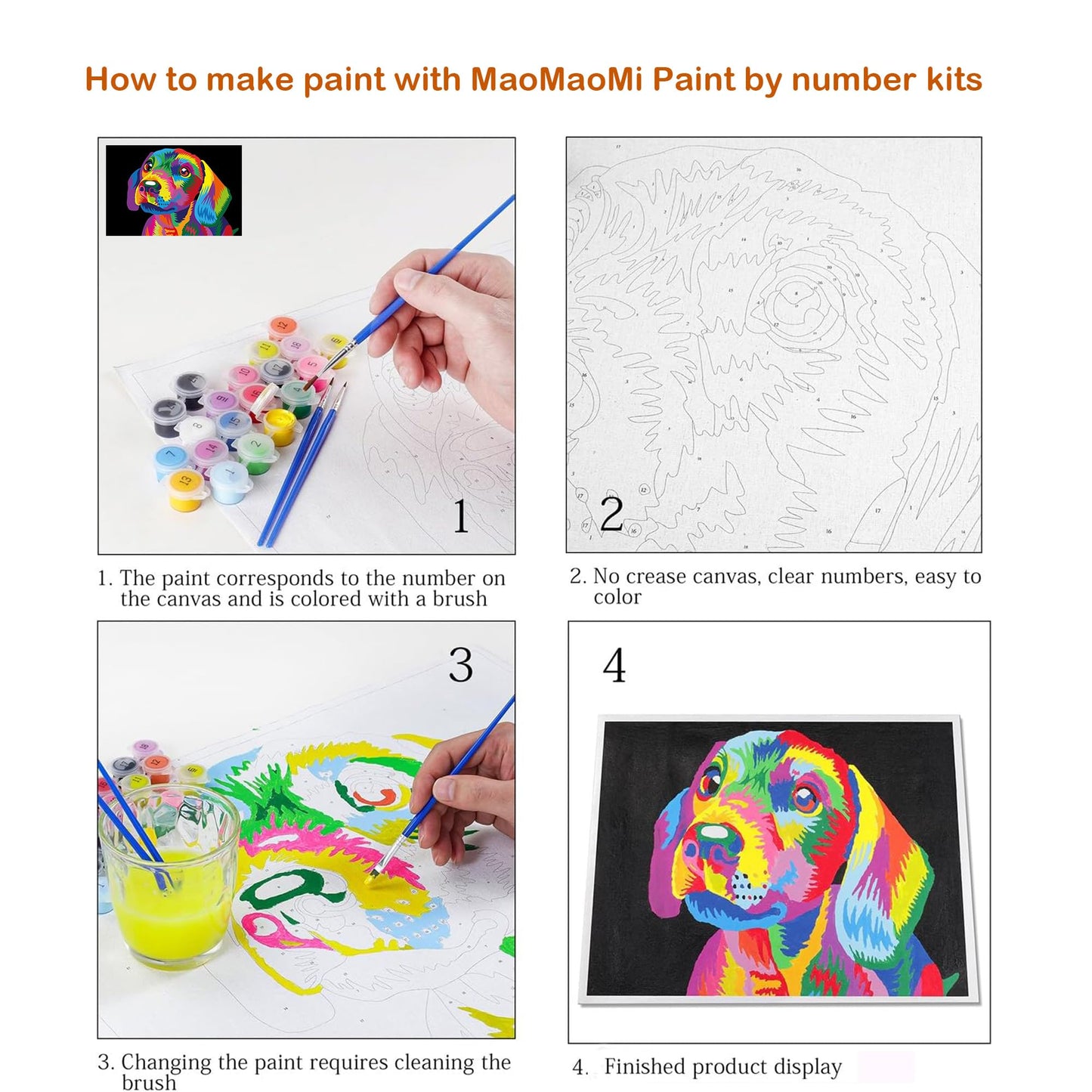 Maomaomi Paint by Numbers DIY Acrylic Painting Kit for Kids & Adults Beginner – 16" Wx20 L Color Dog Pattern