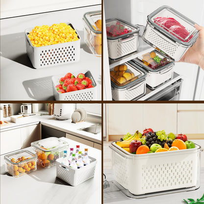 4 Pcs Fruit Storage Containers for Fridge (with Drain Basket) - Leak-Proof Food Containers, BPA-Free, Keep Fruits, Vegetables, Berries, and Meats Fresh for a Long Time, Dishwasher and Microwave Safe