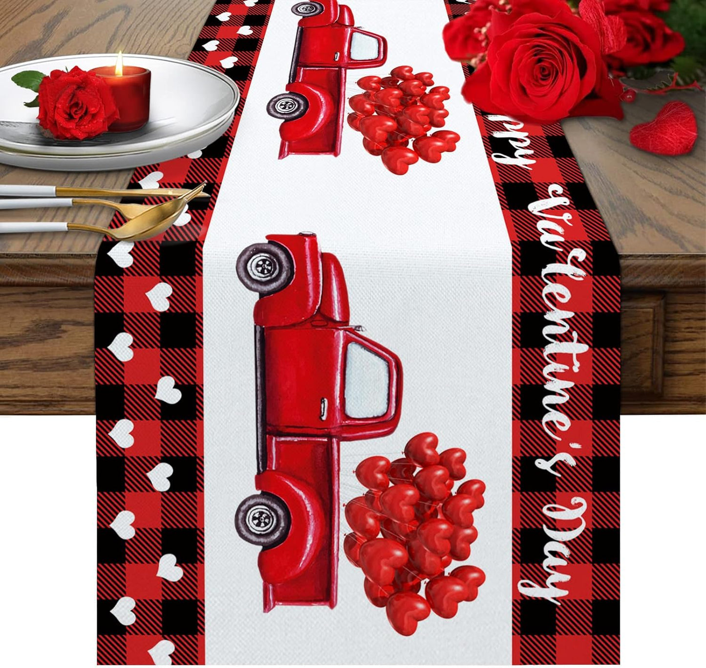 Valentine Table Runner, Red Black Buffalo Plaid Dresser Scarves with Heart Shape Balloon for Holiday Decor, 13x90inch