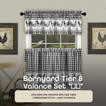 Light Filtering Printed Tier & Valance Window Curtain Set - 58 Inch Length, 24 Inch Width - Barnyard (Black), Machine