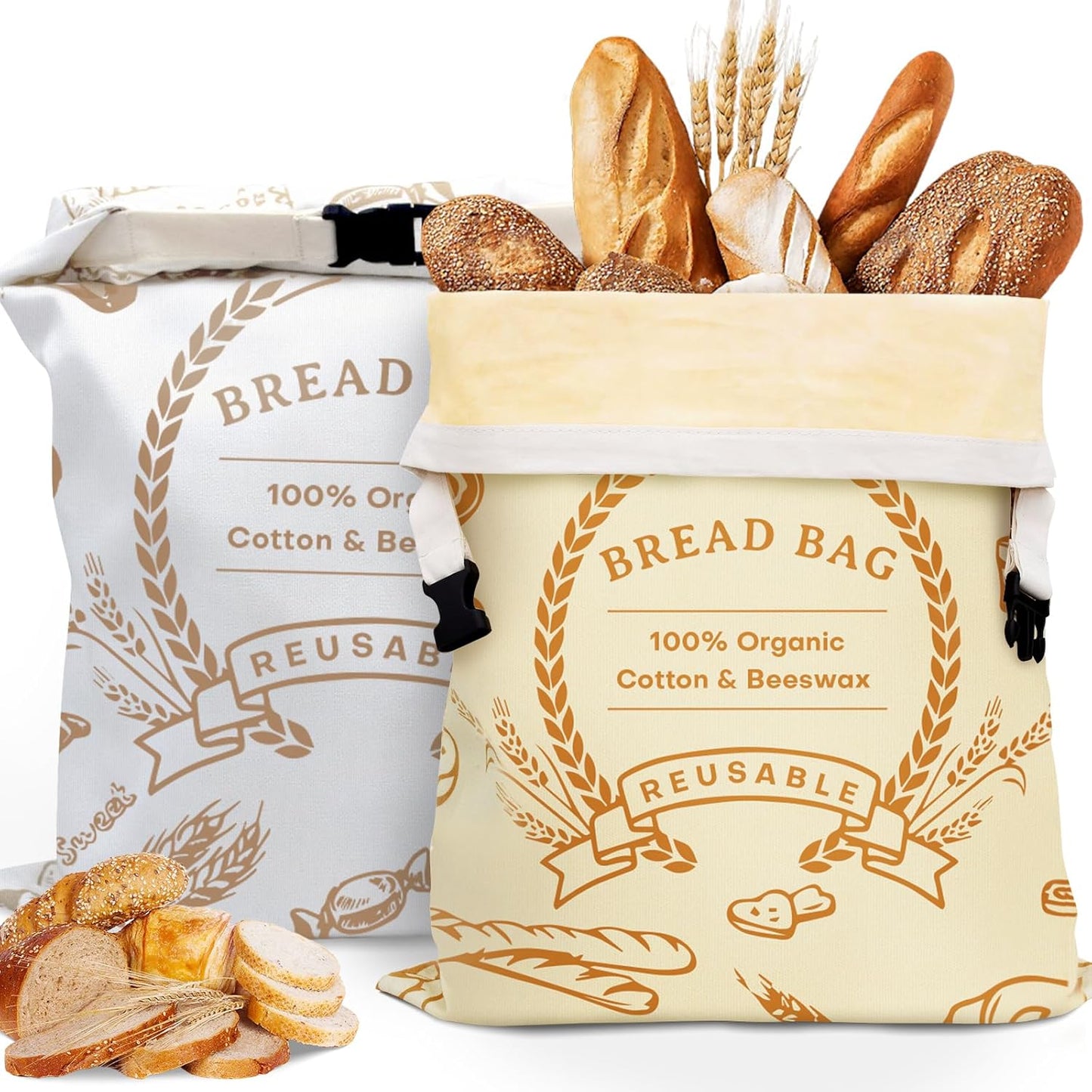 2 Pack Beeswax Bread Bags for Sourdough & Homemade Bread - Natural Cotton Sourdough Reusable Beeswax Food Storage Bag
