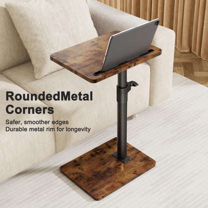 YUHFERA Sofa Armrest Tray Table for Couch - 360° Swivel Height Adjustable End for Small Spaces, Snack Side Table for Bed or Chair with Phone & Tablet Slot (Rustic,Standard)