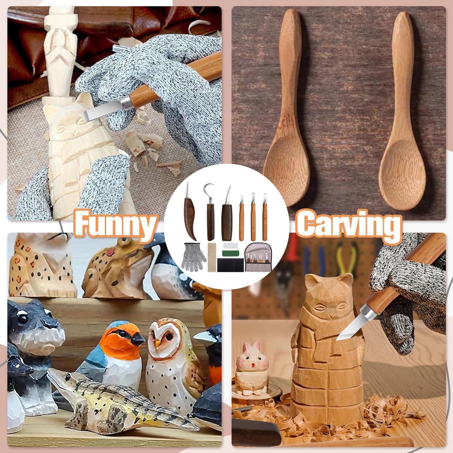 12-Piece Wood Carving Tool Set with Hook Knife, Detail Knife, Chipping Knife, Cut-Resistant Gloves, Sandpaper & Sharpening Strop – Complete Carving Kit with Carrying Bag for Beginners & Professionals