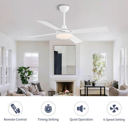 WINGBO 52 Inch Ceiling Fan with Lights and Remote, 3CCT, Modern Ceiling Fan with Ripple Glass Shade, 6-Speed Reversible DC Motor for Bedroom Living Room Kitchen Hallway, Gloss White