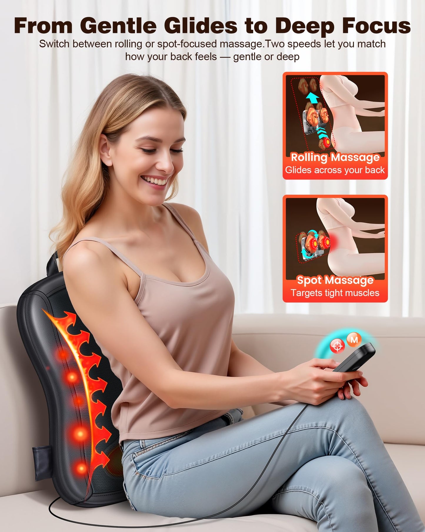 JZBRAIN Shiatsu Back Massager with Heat : Up and Down Rolling Massage - Electric Back Massager for Pain Relief Deep Tissue - Heated Lower Back Massager for Office, Home, Car Use