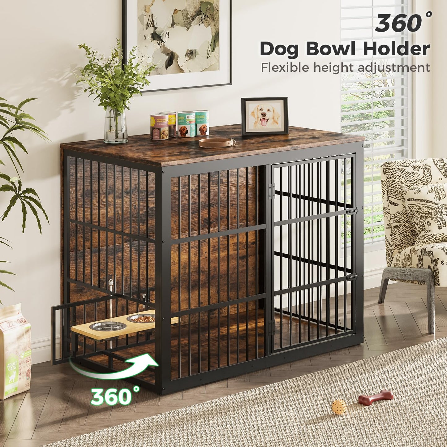 Lyromix 48'' XXL Dog Crate Furniture with Rotating Feeder, Large Wooden Crate End Table, Heavy Duty Indoor Kennel Cage for Medium to Large Dogs, Brown