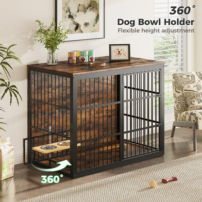Lyromix 48'' XXL Dog Crate Furniture with Rotating Feeder, Large Wooden Crate End Table, Heavy Duty Indoor Kennel Cage for Medium to Large Dogs, Brown