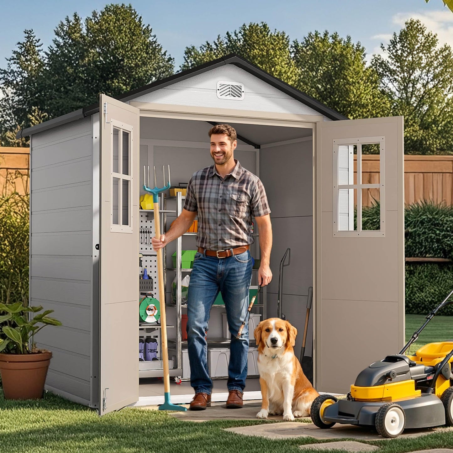 DWVO 6x4.4 FT Outdoor Storage Shed, Plastic Garden Tool Shed with 2 Windows, Double-Wall Outside Shed for Lawn Mower, Garden Shed for Backyard Patio, Lockable, Greige&Gray