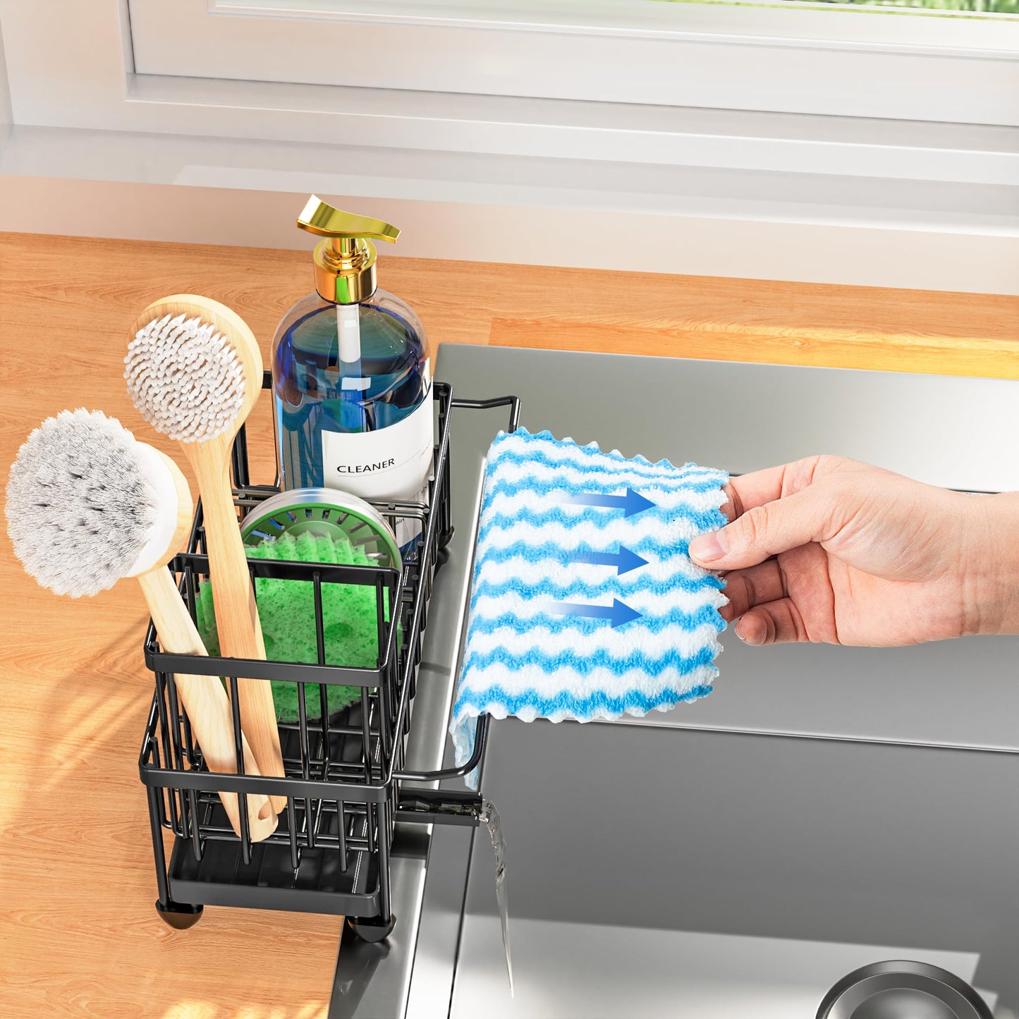 Cisily Sponge Holder for Kitchen Sink, Sink Caddy Organizer with High Brush Holder, Kitchen Countertop Organizers and Storage Essentials, Rustproof 304 Stainless Steel (Black with Towel Rack, 9.25″)