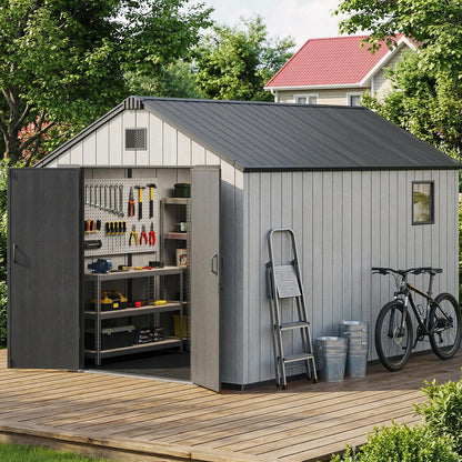 Jocoevol Outdoor Storage Shed, 8x12FT Resin Shed with Floor/Windows/Lockable Door/Vents, 15mm Thickened Heavy Duty All-Weather Garden Tool Shed for Backyard, Patio, Lawn, Gray