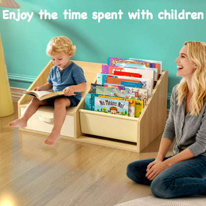 FKWin Kids Bookshelf with Seat - Forward-Facing Book Shelf for Kids Rooms, Nursery Bookcase with 5-Tier Montessori Shelf, Wooden