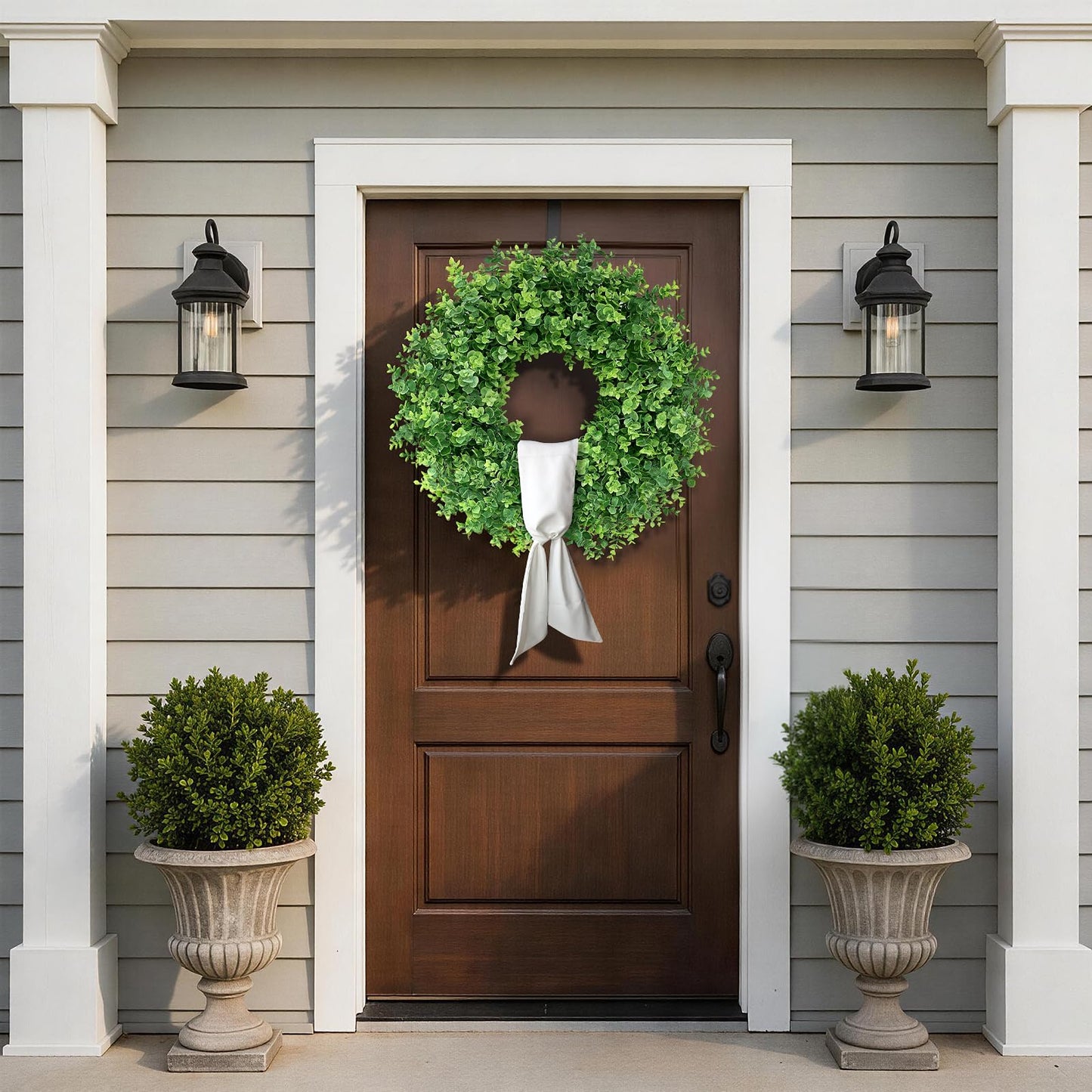 26" Artificial Eucalyptus Wreath with Sash for Front Door, Porch, Window - Large Faux Eucalyptus Leaves Greenery Outdoor Wreath for Home, Farmhouse Decor - Spring, Summer, All Seasons (Green)
