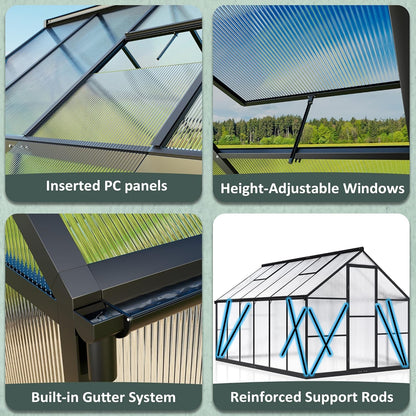 Polar Aurora 8x10 FT Polycarbonate Greenhouse for Outdoors, Walk-in Aluminum Green House with Quick Setup Structure and Roof Vent for Outside Garden Backyard, Black