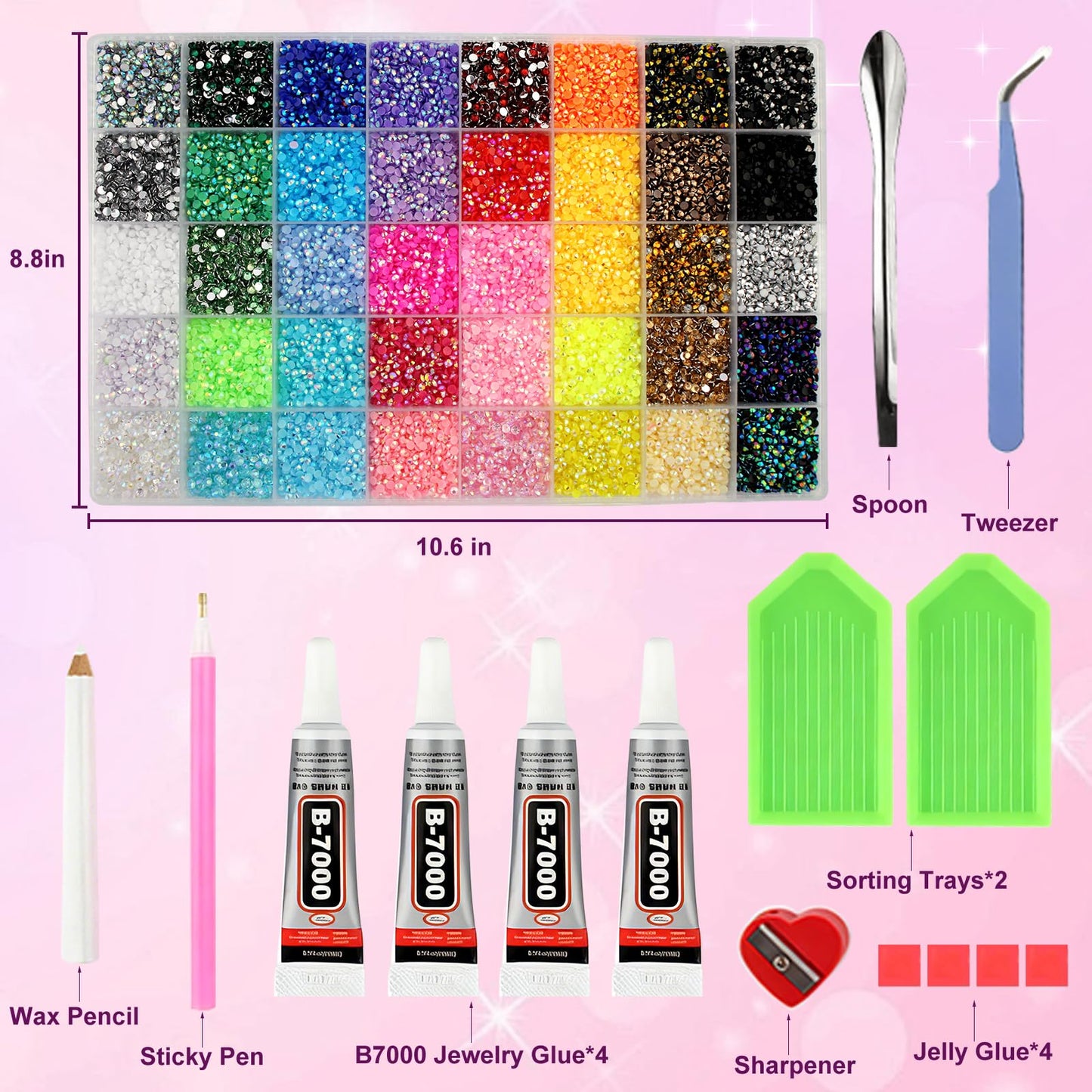 Gikboup 40000 Pcs 40 Colors Bedazzling Kit with Rhinestones,3mm Jelly AB Resin Flatback Gems with 4 B-7000 Glue, 40-Grid Storage Box, Tweezers, Trays and Tools for Crafts, Cups, Phone Cases