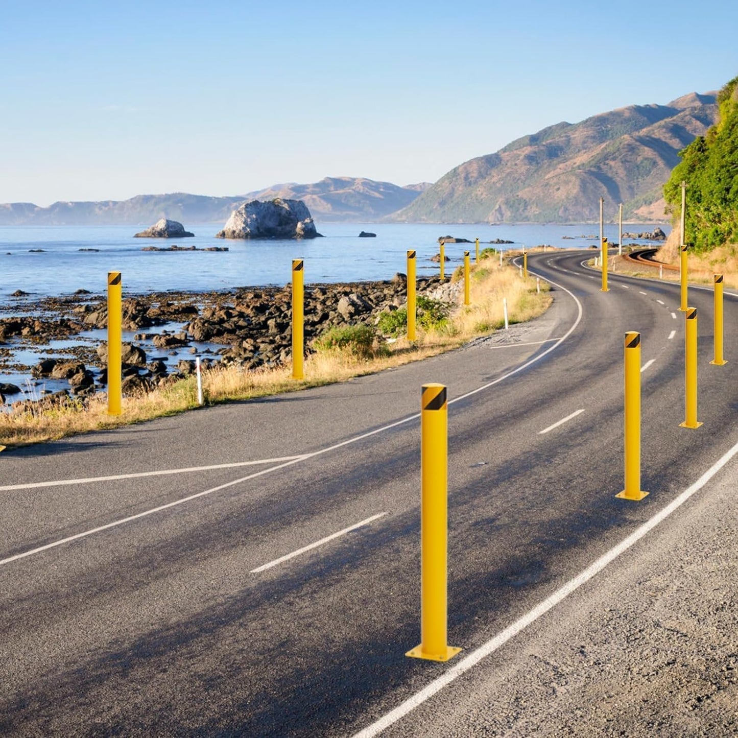 Safety Bollard Post 6 Packs, PeakPursuit 42 Inch Height Steel Bollards, 4.5 Inch Diameter Parking Bollard, Yellow Powder Coated Safety Parking Barrier Post, for Traffic Sensitive Areas