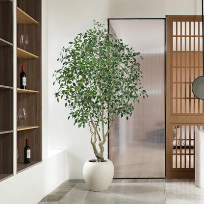 SOGUYI Ficus Tree Artificial Indoor, 8 Feet Tall Faux Ficus Tree with Round Artisan Planter, Premium Handmade, Realistic Trunk & Lifelike Leaves, Perfect for Large Spaces & Elegant Home/Office Decor