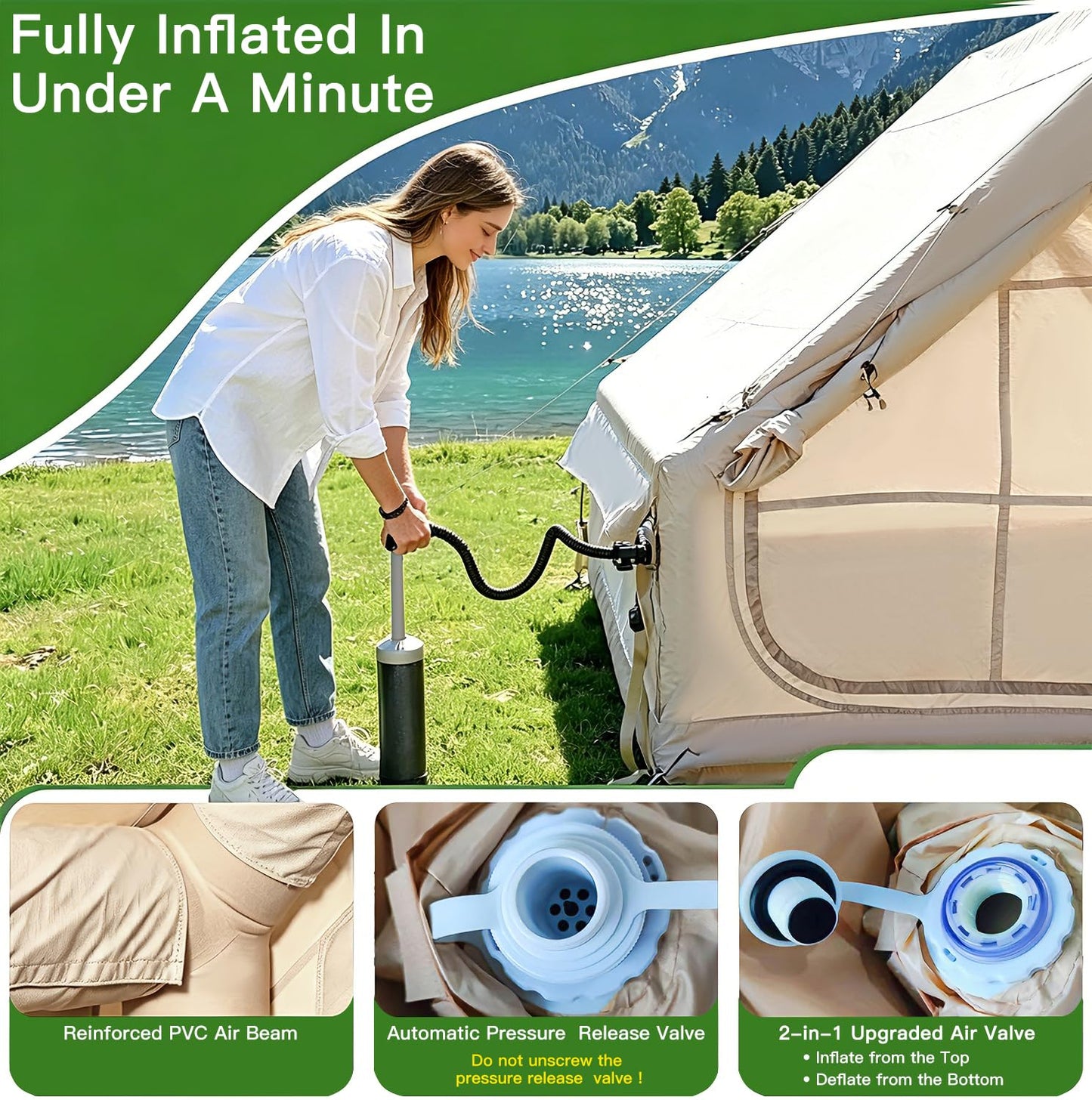 Inflatable Tent, 2-6 Person Glamping Camping Tent, 300D Oxford Waterproof UV Protection Windproof 60s Setup, Large Outdoor Sun Shelter with Air Pump & Storage Bag for Picnicking, Beach, Park, Festival