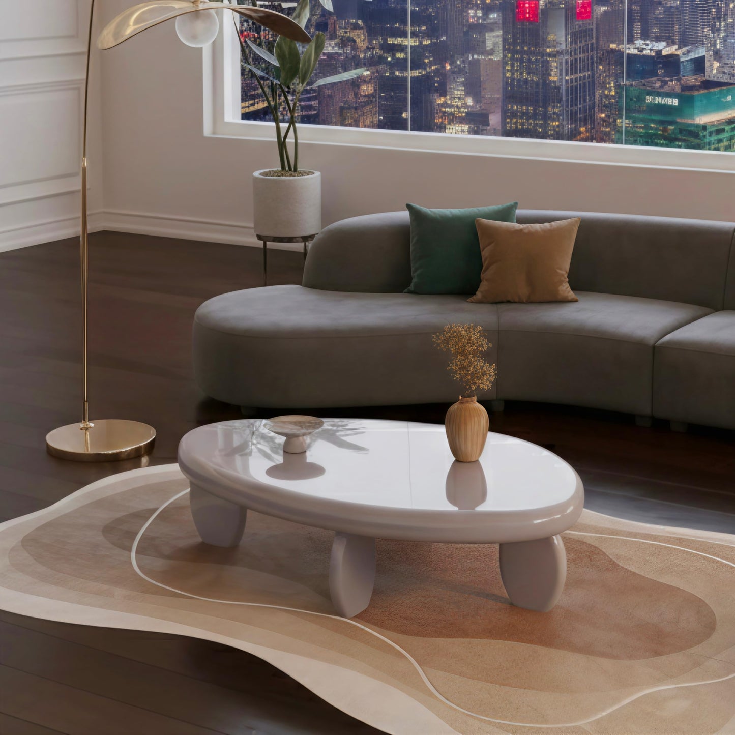 46" Modern Cobblestone Coffee Table, High Gloss Gray Oval Top with Sculptural Pebble Legs, Engineered Wood Construction, Contemporary Centerpiece for Living Rooms, Minimalist Home Interiors, Gray