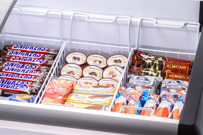 Duura Commercial Mobile Ice Cream Display Chest Freezer Sub Zero Temp Curved Glass Top Frost Free Lid with 6 Wire Baskets, 53.2 Inch Wide 15.2 Cubic Feet, White