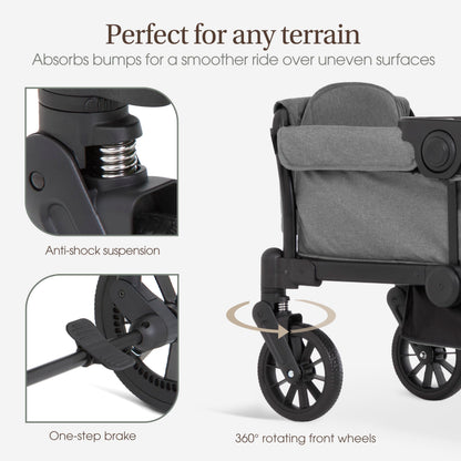 Evolur Trailblazer Wagon Double Stroller in Grey, Foldable Infant and Toddler Stroller Wagon, 5-Point Harness, Removable Canopy, All-Terrain Wheels, Spacious Storage for 2 Kids