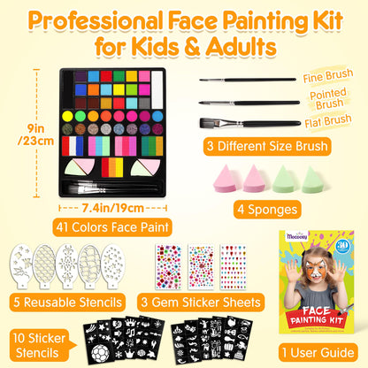 Mocoosy 41 Color Face Painting Kit for Kids, Non-Toxic Water Activated Face Paint Palette With Stencil, Brushes, Gem, Professional Body Makeup Kit for Cosplay Party, Carnival, Birthday, Costume Party