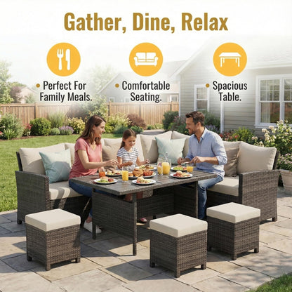 Wisteria Lane 7 Piece Patio Furniture Set, High Curved Back Wicker Patio Sectional, All Weather Outdoor Dining Set, Outdoor Furniture Patio Conversation Set with Ottoman, Ivory