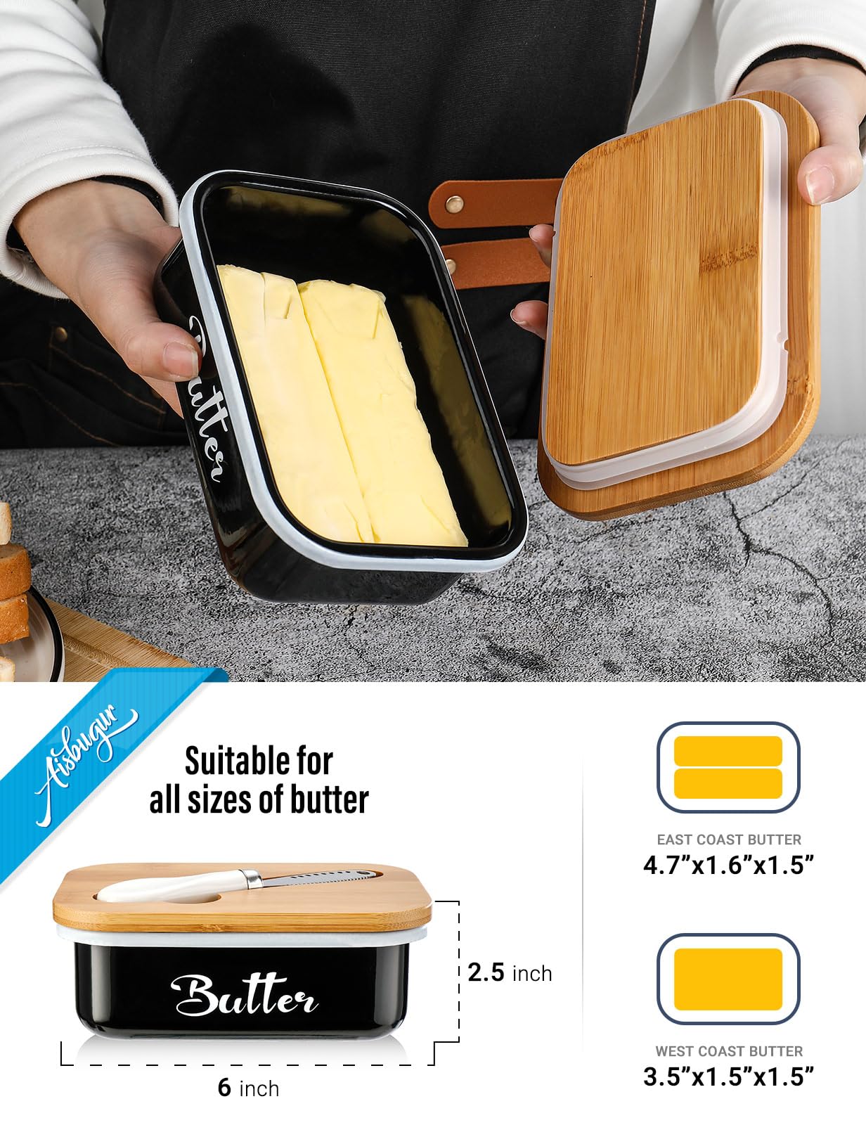 Butter Dish with Lid for Countertop, AISBUGUR Metal Butter Keeper with Stainless Steel Multipurpose Butter Knife, Butter Container with Double High-quality Silicone Good Kitchen Gift Set of 2 Black