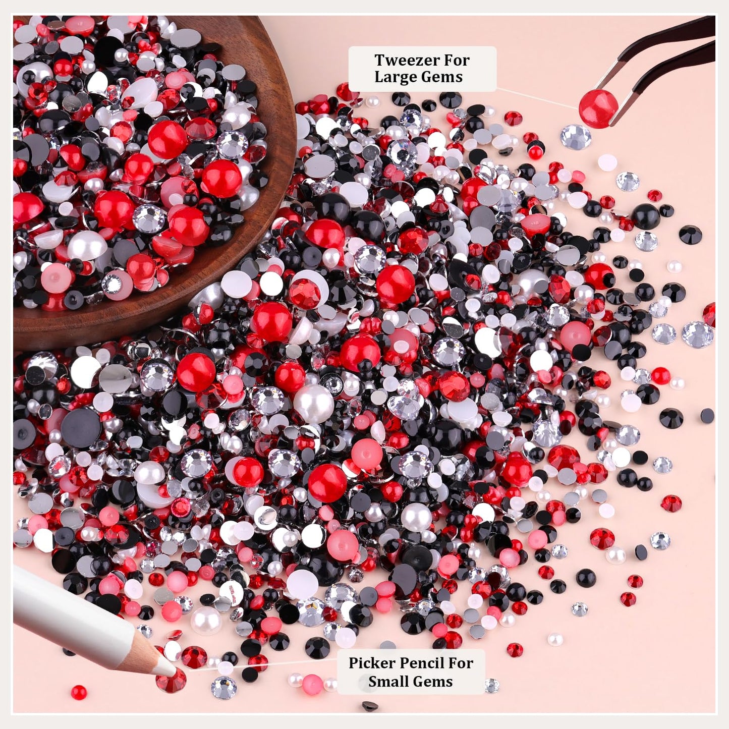 14000PCS Flatback Pearls and Rhinestones for Bedazzling Kit, Red White Black 3-10mm Resin Rhinestones and Half Pearls for Crafting, Nail Art Crafts Dec with 3pcs B7000 Jewelry Glue