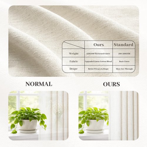 90 inch Pinch Pleated Linen Curtains for Living Room Bedroom Natural Ivory Birch Boho Country Thick Linen Textured Light Filtering Pinch Pleat Drapes Back Tab Semi Sheer Window Curtain 2 Panels