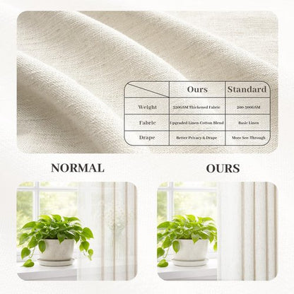 90 inch Pinch Pleated Linen Curtains for Living Room Bedroom Natural Ivory Birch Boho Country Thick Linen Textured Light Filtering Pinch Pleat Drapes Back Tab Semi Sheer Window Curtain 2 Panels