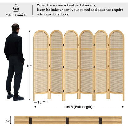 Svimi Room Dividers and Folding Privacy Screens, 5.6 Ft Double Hinged Rattan Partition Freestanding Wall Room Divider for Home - 6 Panels (Natural)
