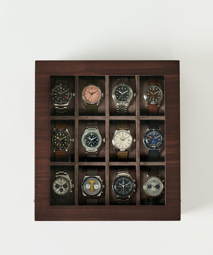 TAWBURY Wooden Watch Case - 12 Slot Wood Watch Box for Men & Women with Glass Display, Protective Fully Lined Interior and 2-inch Wide Pillows for Small & Large Watches (Dark Walnut)