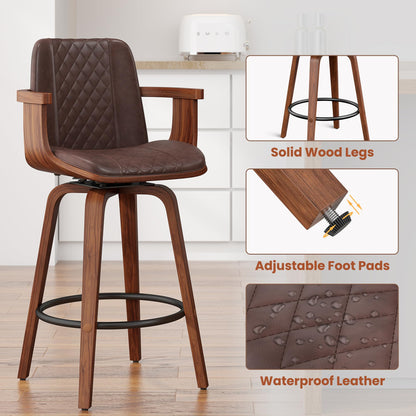 YaFiti Swivel Bar Stools Set of 2, 26" Counter Height Barstools with Wood Legs and Backs, Upholstered PU Leather Bentwood Frame Bar Chairs with Armrest for Kitchen Island, Dining Room, Brown