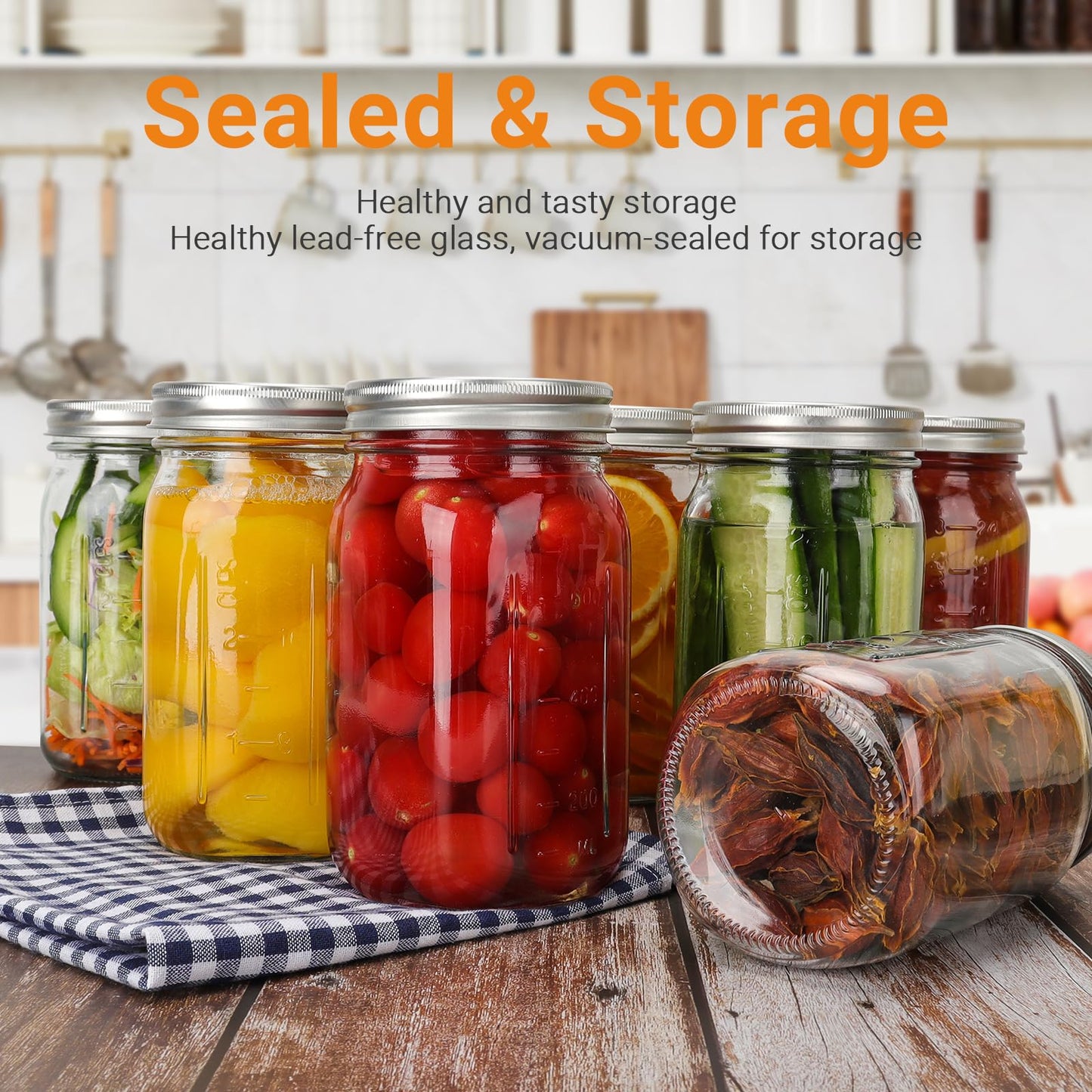 CycleMore Wide Mouth Mason Jars 32 oz, 12 Pack Large Glass Mason Jar with Metal Airtight Lids and Bands, 1 Quart Canning Jars for Pickling, Fermenting, Food Storage & DIY Projects