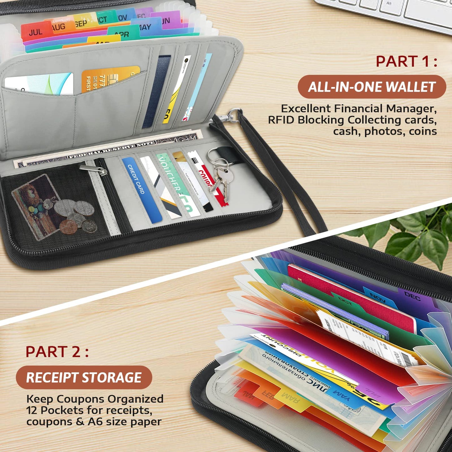 NORDUN 13 Pockets Receipt Coupon Organizer with Card Holder, Mini Expandable Ticket Storage & Card Case with Labels,Check/Bill/Invoice/Cash Sorter Wallet,for Home, Purse