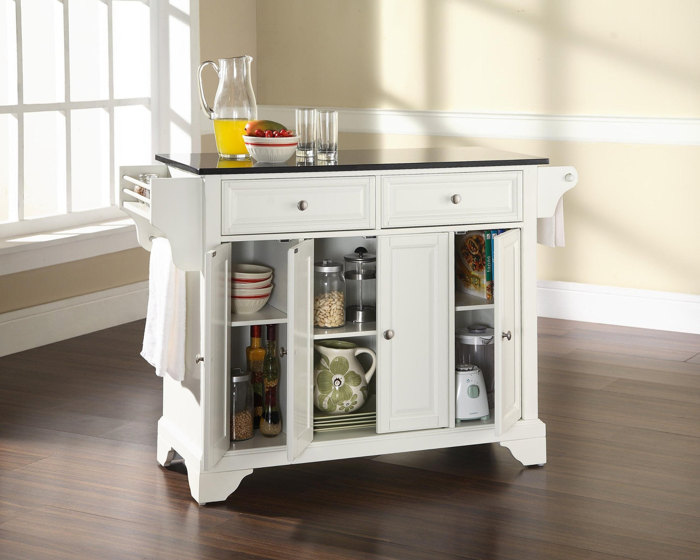 Crosley Furniture LaFayette Granite Top Rolling Kitchen Island Storage Cart, Microwave Stand, Spice Rack, White