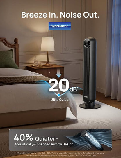 DREO Bladeless Tower Fan - Ultra Quiet 20dB with 8 Speeds & 90° Oscillation | High Velocity 28ft/s, Remote Control, Black