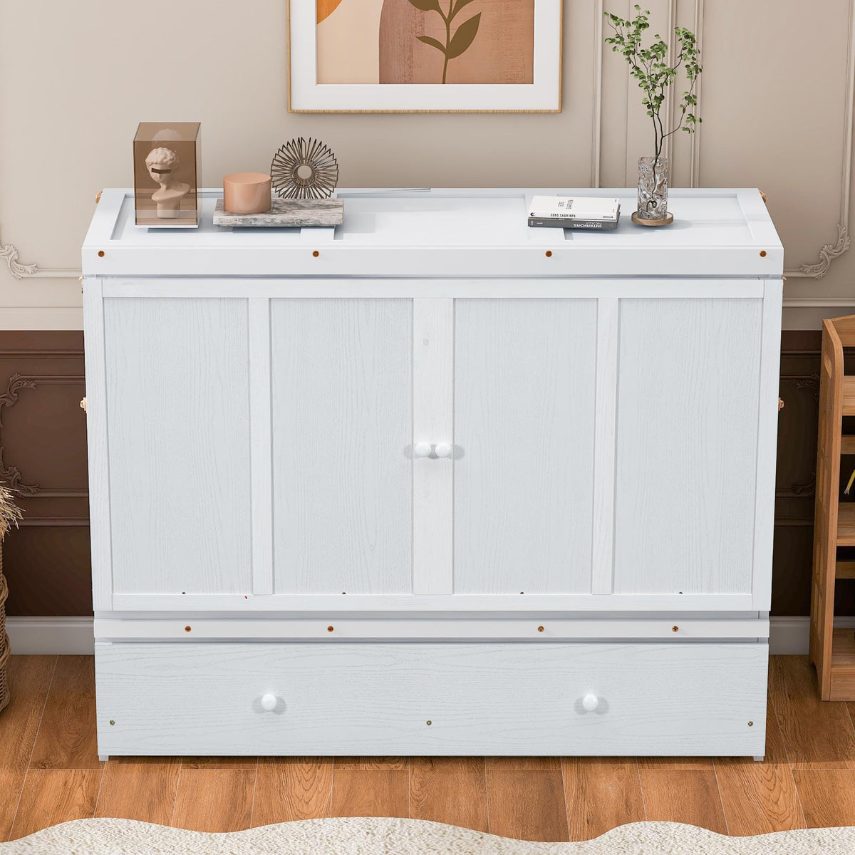 Bellemave Queen Murphy Bed Cabinet Bed, Solid Murphy Bed with Storage Drawer, Queen Size Bed with USB Ports, Chest Wall Bed with Drawer (White, Queen)