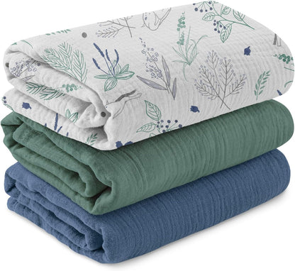 Skiennix Muslin Swaddle Blankets - 3 Pack Soft & Breathable Receiving Blankets | Large 38 x 40 Inches (Fawn & Leaves)