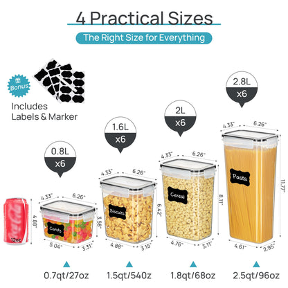 Airtight Food Storage Containers with Lids, Vtopmart 24 pcs Plastic Kitchen and Pantry Organization Canisters for Cereal, Dry Food, Flour and Sugar, BPA Free, Includes 24 Labels，Black