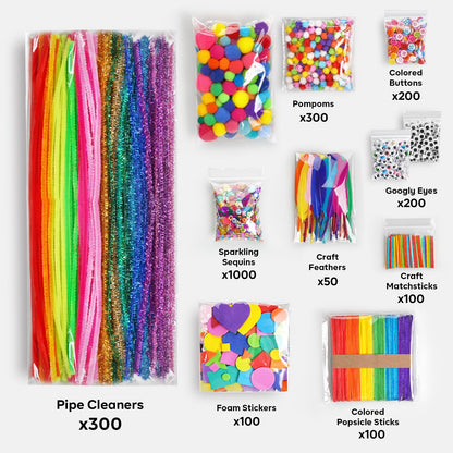 FUNZBO 2000Pcs+ Arts & Crafts Supplies Kits for Kids, DIY Craft Supplies for Toddlers Art Supply Tools Set Pipe Cleaners, Pom Poms and Feather, Birthday Gifts for Kid Girls Ages 4-8-12