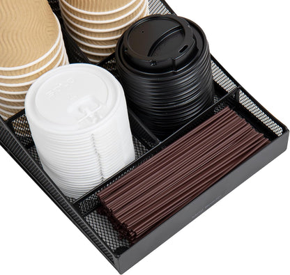 Mind Reader Black Cup and Condiment Station, Countertop Organizer for Coffee Bar, Metal Mesh 8.5"L x 14.5"W x 5.25"H