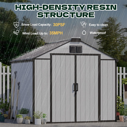 DNYKER 8 x 8 FT Resin Outdoor Storage Shed, All-Weather Plastic Garden Shed with Floor, Lockable Doors & Windows, Plastic Tool Shed for Backyard, Patio, Poolside