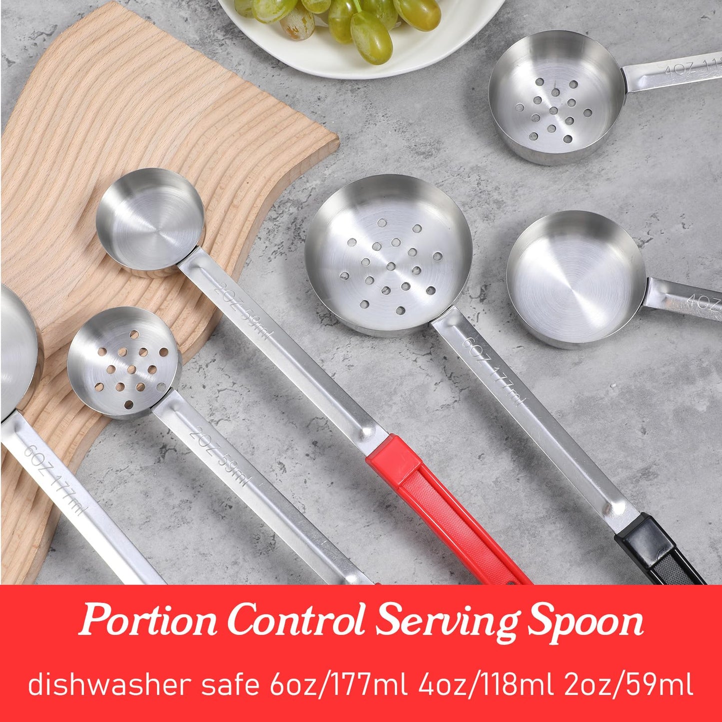 Kifmurase 6Pcs Portion Control Serving Spoons, Portion Scoops Cups Solid and Slotted Stainless Steel Ladle Spoon for Food, Measuring Serving Utensils for Restaurants (6OZ, 4OZ, 2OZ)
