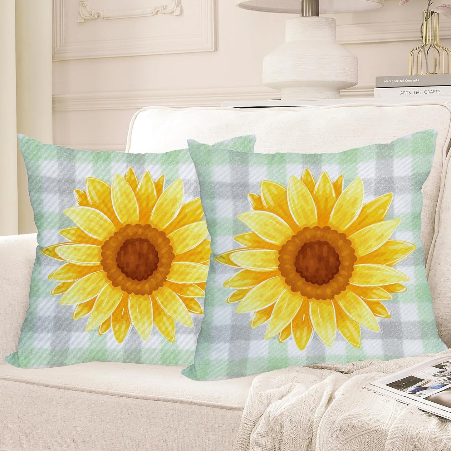 2 Pack Waterproof Sunflower Pillow Covers, 16x16 Inch Green Buffalo Plaid Yellow Floral Throw Cases for Outdoor Decor