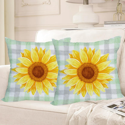 2 Pack Waterproof Sunflower Pillow Covers, 16x16 Inch Green Buffalo Plaid Yellow Floral Throw Cases for Outdoor Decor